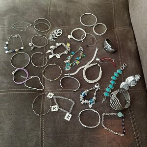 Silver Bracelet Lot Many Signed Charm Bracelets and Bangles Cuff Bracelets Vntg